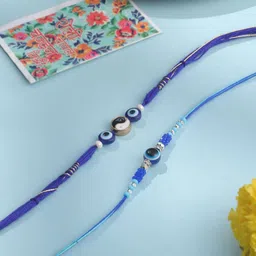 Sangria Set Of 2 Evil Eye Artificial Beaded Thread Rakhi with Roli Chawal Chandan & Mishri image 2