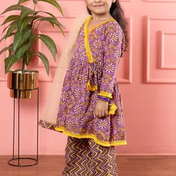 BEBE UNICORN Girls Floral Printed Angrakha Gotta Patti Pure Cotton Kurta with Palazzos & With Dupatta image 5
