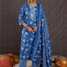 Indo Era Women Floral Printed Regular Mirror Work Kurta with Trousers & With Dupatta-image-57