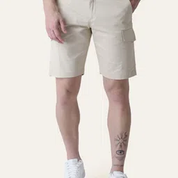 PERCH Men Twill Cotton Cream Solid Cargo Shorts-picture-14