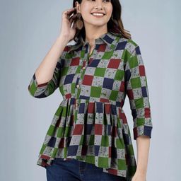 Indiwest Women Multi-Coloured Checkered Printed Cotton Top-picture-42