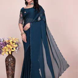 K 5 Fashion Beads and Stones Pure Chiffon Saree Embroidered Blouse-picture-26