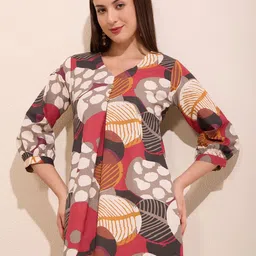 FASHOR Abstract Printed V-Neck A-Line Pleated Pure Cotton Kurta image 5