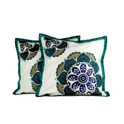 IZAAFA Cream-Coloured & Blue Set of 2 Ethnic Motifs Square Cushion Covers image 4