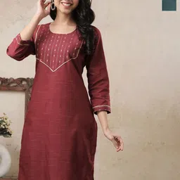 AUZAAI COLLECTION Selection Of 2 Floral Embroidered Round Neck Pure Cotton Kurtas-picture-30