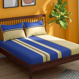 Portico Blue & Cream-Coloured 152 TC King Bedsheet with 2 Pillow Covers-picture-2