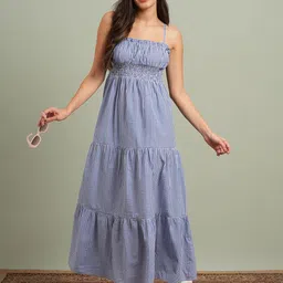 Globus Square Neck Strappy Shoulder Gingham Checks Smocked Fit & Flare Maxi Resort Dress-image-29