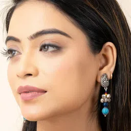 Look and Adorn German Silver-Plated Turquoise & Onyx Beaded Peacock Shaped Drop Earrings image 1