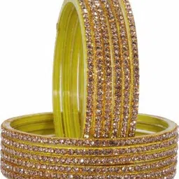 poshing Set Of 12 Yellow Glass Artificial Stones & Beads Bangles image 3