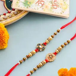 Anouk Set Of 2 Stones Studded & Beaded Bhaiya Bhabhi Rakhis & Roli Chawal Chandan Mishri-picture-21