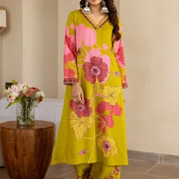 HERE&NOW V-Neck Floral Printed Regular Kurta With Palazzo image 2