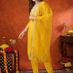 KALINI Women Ethnic Motifs Embroidered Regular Thread Work Chanderi Silk Kurta with Trousers & With Dupatta image 2