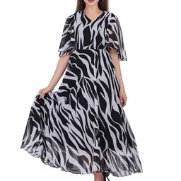 Warsian Women V-Neck Animal Print Flared Sleeve Georgette A-Line Maxi Dress-image-10