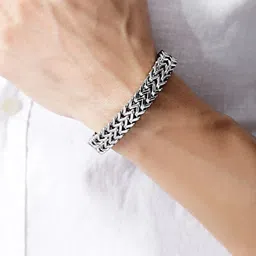 Yellow Chimes Men Silver Tone Stainless Steel Double Layered Chain Bracelet image 5