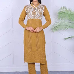 KNITZY Ethnic Motifs Self Design Pure Wool Kurta With Pyjamas-picture-29