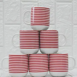 Femora Red & White 6 Pieces Printed Ceramic Glossy Cups 180 ml each image 2