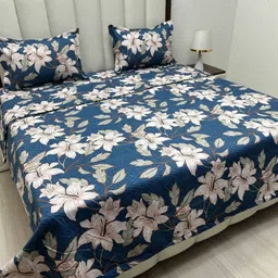Pure Decor Blue & Cream-Coloured Floral Polycotton 4 Piece Double King Superfine Bedding Set-image-88