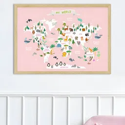 My Kids Wall Educational Animal World Map Beige & White Wooden Wall Art-picture-20