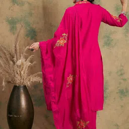 Sangria Pink Woven Design Thread Work Detail Pure Cotton Kurta & Trouser With Dupatta image 5