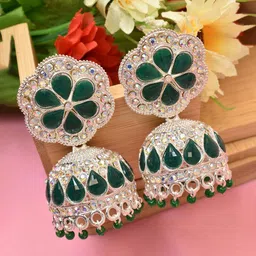 MEIRA JEWELLERY Silver-Plated Artificial Stones Studded & Beaded Dome Shaped Jhumkas-image-94