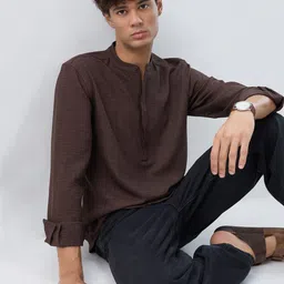 HERE&NOW Band Collar Roll-Up Sleeves Straight Kurta-picture-11