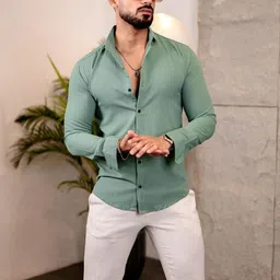 KHUSHI CREATION Texture Spread Collar Slim Fit Shirt-image-14