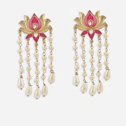 Fida Gold-Plated Pearls Beaded Floral Shaped Meenakari Drop Earrings image 2