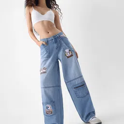 The Souled Store Peanuts: Racing Club Women Wide Leg Mid-Rise Light Fade Jeans-picture-27