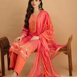 Anouk Women Bandhani Printed Regular Kurta with Trousers & With Dupatta image 5