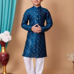 HUMAN CHOICE Boys Blue Dupion Silk Embroidered Kurta & Pyjamas-picture-17