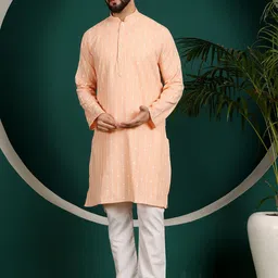Armaan Ethnic Mandarin Collar Striped Block Print Cotton Kurta image 4