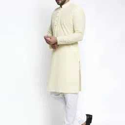 Jompers Men Yellow Chikankari Pure Cotton Kurta with Pyjamas image 2