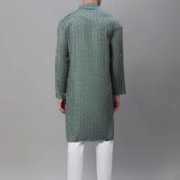 Anouk Teal Green and white Ethnic Printed Band Collar Pure Cotton Kurta with Pyjamas image 5