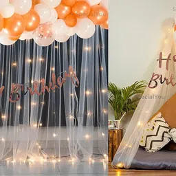 littols Rose gold birthday decorations for kids Combo Kit with white net Curtain-58pcs-picture-23