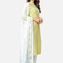 Vbuyz Women Lime Green Embroidered Kurta with Trousers & Dupatta image 5