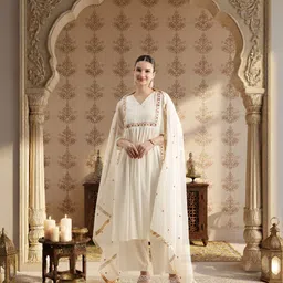 House of Pataudi Ethnic Motifs Embroidered Pure Cotton Jashn Kurta With Trousers & Dupatta-picture-28