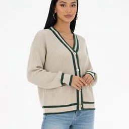 glitchez Ribbed V-Neck Drop-Shoulder Sleeves Oversized Cardigan with Contrasting Edges-picture-25