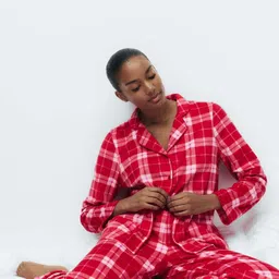 Marks & Spencer Women Checked Lapel Collar Shirt & Pyjamas Night suit image 3