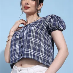 Moda Rapido Checked Puff Sleeve Crop Top-image-65