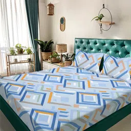 KLOTTHE Blue & White Geometric 300 TC King Bedsheet with 2 Pillow Covers-picture-20