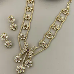 first touch Elegant Gold-Plated Floral Necklace Set with Pink Stone Pendant and Matching Earrings-picture-13