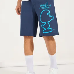 Styli Men Navy Blue Smurfs Mid-Rise Pure Cotton Oversized Terry Shorts-image-6