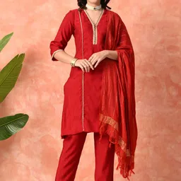 Myshka Embroidered V-Neck Straight Kurta With Trousers And Dupatta-picture-34