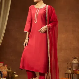 Janasya Women Yoke Design Regular Gotta Patti Chanderi Silk Kurti with Trousers & With Dupatta image 3