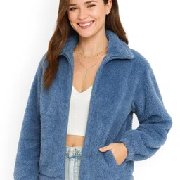 The Dry State Women Spread Collar Self Design Sherpa Jacket-image-68