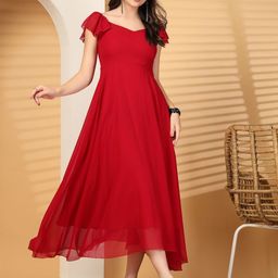 R.Code by The Roadster Life Co. Women Cherry Red Flutter Sleeve Fit & Flare Midi Dress-picture-29