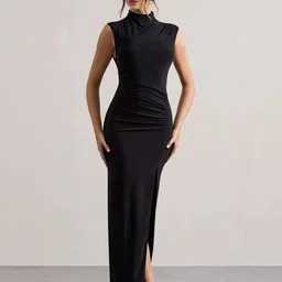 SZN Women Solid Turtle Neck Sleeveless Bodycon Maxi Dress with Slit On The Front-picture-11