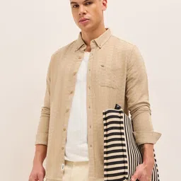 THE BEAR HOUSE Men Slim Fit Textured Button-Down Collar Pure Cotton Casual Shirt-picture-20