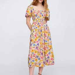 GAP Women Floral Printed Smocked Fit & Flare Midi Dress With Slit-image-34