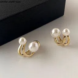 PolluxCraft Korean Gold-Plated Pearls Studded Contemporary Shaped Studs-image-37